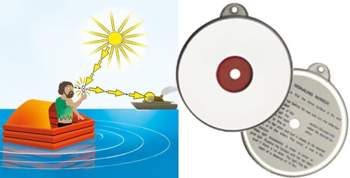 Jelzőtükör, GFN, heliográf, krómozott műanyag, többnyelvű használati utasítással