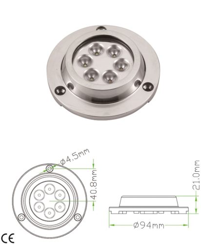 LED lámpa, vízálló, 6 LED-es, IP68, kék, 10-30 VDC, 14,2 Watt, 188 Lumen