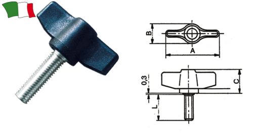 Szárnyasanya GFN, inox csavarral, fekete technopolimer, M5/M6/M8