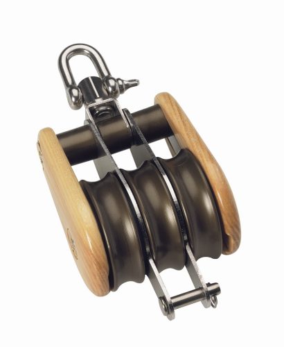 BARTON csiga, hármas, forgószemes, bekkel – BARTON, fa, 30mm, 8mm kötél, U-bilincs