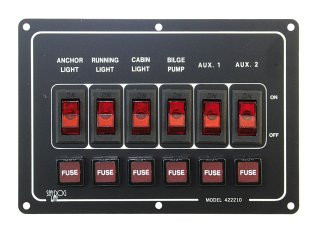 Biztosítékes kapcsolópanel, Lindemann, alumínium, 12V 37A, 6-os