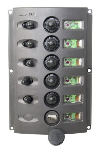 Kapcsolópanel biztosítékokkal, 5-ös + USB-A, Lindemann, nylon, zöld LED háttérvilágítással, IP65, max. 37A