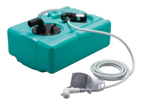 Hátsó zuhany komplett rendszer, szivattyúval, Lindemann, 12V, 39L-es tartállyal, 5m tömlővel, zuhanyfejjel, JABSCO Flojet, 4 l/perc, 2,5 bar