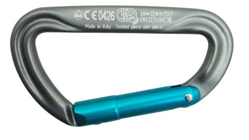 Karabiner kampó, KONG – Alumínium, Aszimmetrikus D-alak, Key-Lock, 93mm, szürke/cián
