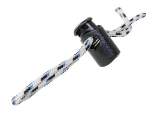 Zsinórfogó, Kordelstopper, POM, 3-4mm-es zsinórhoz, rozsdamentes acél rugóval, fekete, 10db